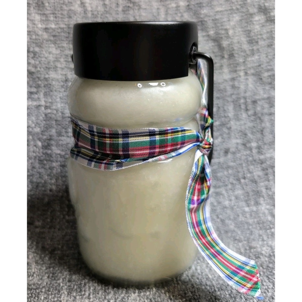 Snowman Sugar Cookie Scented Jar Candle In Black Metal Holder Plaid Ribbon